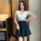 Short-sleeve V-neck Lace Panel Mini A-line Dress