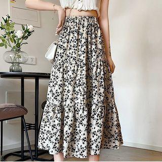 Floral Print Midi Skirt Black Floral - White - One Size