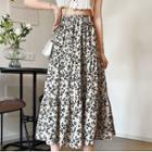Floral Print Midi Skirt Black Floral - White - One Size