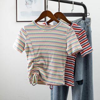 Short-sleeve Drawstring Striped T-shirt