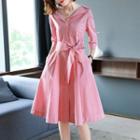 3/4-sleeve Striped Buttoned A-line Shirt Dress