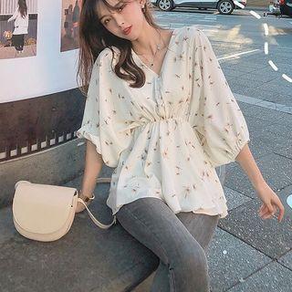 3/4-sleeve V-neck Floral Print Chiffon Blouse
