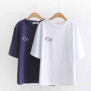 Elbow-sleeve Animal Embroidery T-shirt