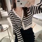 Striped Sequined Cropped V-neck Cardigan Navy Blue - One Size
