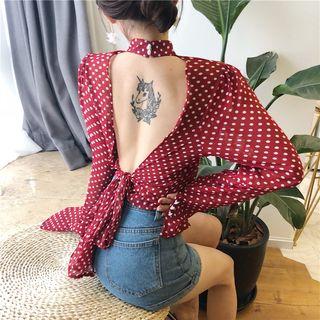 Polka Dot Open-back Long-sleeve Top