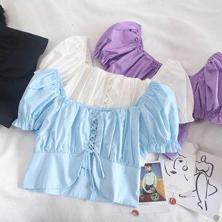 Puff-sleeve Lace-up Front Cropped Top