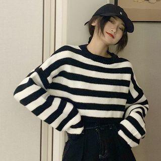Striped Balloon-sleeve Cropped Sweater Stripe - Black & White - One Size
