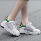 Embroidered Mesh Panel Hidden Wedge Lace Up Sneakers