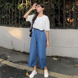 Plain Short-sleeve T-shirt / Wide Leg Cropped Pants