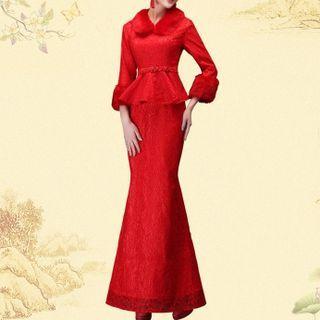 Long-sleeve Fluffy Panel Mermaid Evening Gown