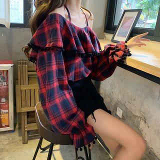 Plaid Ruffle Trim Off-shoulder Top