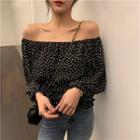 Off-shoulder Heart Print Chiffon Blouse