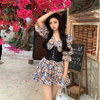 3/4-sleeve Floral Print Mini A-line Dress / Corset Belt