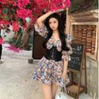 3/4-sleeve Floral Print Mini A-line Dress / Corset Belt