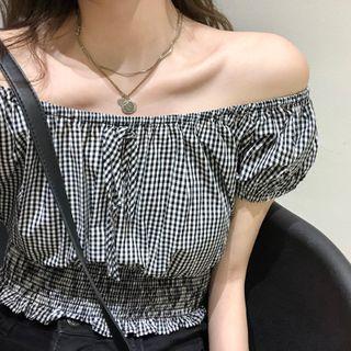Cold Shoulder Short-sleeve Top Plaid - Black & White - One Size