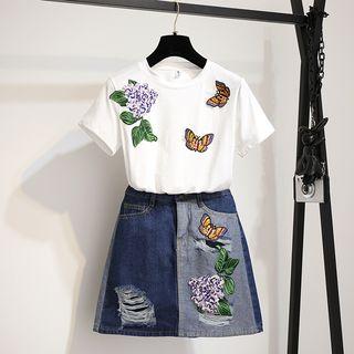Set: Short-sleeve Butterfly Detail T-shirt + Denim A-line Skirt