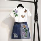 Set: Short-sleeve Butterfly Detail T-shirt + Denim A-line Skirt