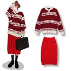 Mock Neck Patterned Sweater / Midi Cable-knit Skirt