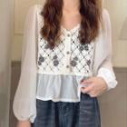 Floral Crochet Knit Panel Cropped Blouse