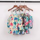 3/4-sleeve Floral Print Cold Shoulder Top