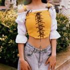 Puff-sleeve Cold Shoulder Lace-up Crop Top