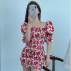 Floral Puff-sleeve Dress As Shown In Figure - One Size