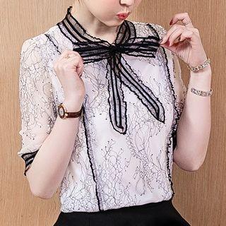Short-sleeve Tie-neck Lace Blouse
