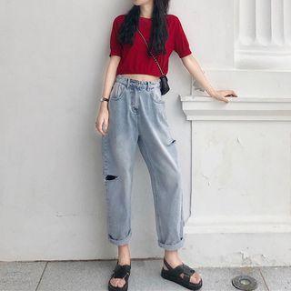 Set: Short-sleeve Crop Top + Harem Jeans