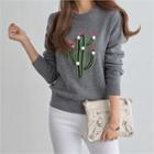 Pom-pom Cactus-embroidered Wool Blend Knit Top