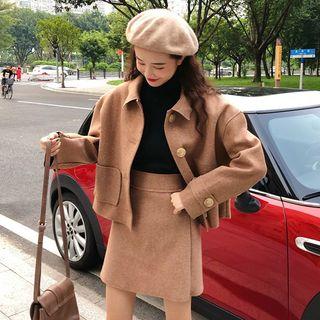 Plain Buttoned Jacket / Mini A-line Skirt / Set