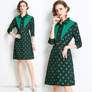 3/4-sleeve Dotted Shirt Dress