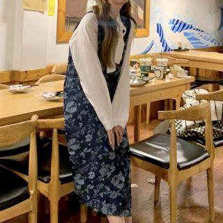 Sleeveless Floral Button-up Midi Dress / Long-sleeve Tie-neck Blouse