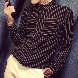 Long-sleeve Double-pocketed Striped Shirt