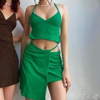 Set: Halter-neck Open-back Cropped Camisole Top + Mini Pencil Skirt