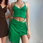 Set: Halter-neck Open-back Cropped Camisole Top + Mini Pencil Skirt