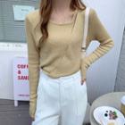 Long Sleeve Round Neck Asymmetrical Plain Knit Top