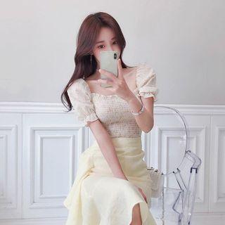 Puff-sleeve Smocked Cropped Top