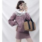 Set: Lace-panel Long-sleeve Blouse + Mini A-line Skirt