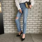 Button-fly Ripped Tapered Jeans