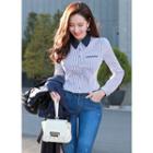 Lace-collar Slim-fit Striped Blouse