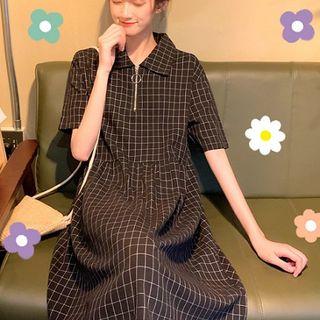 Elbow-sleeve Checker Zip Placket A-line Dress