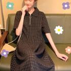 Elbow-sleeve Checker Zip Placket A-line Dress