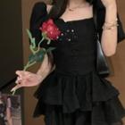 Puff-sleeve Off-shoulder Layered Mini A-line Dress