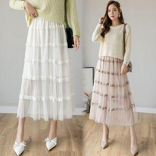 Set: Cable-knit Sweater + Velvet Trim Layered Mesh Skirt