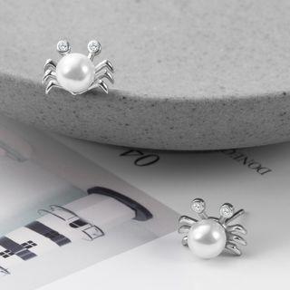 925 Sterling Silver Rhinestone Crab Earring Stud Earring - 1 Pair - Silver - One Size