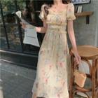 Puff-sleeve Floral Print Midi A-line Dress Floral Print - Yellow - One Size