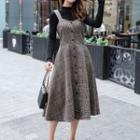 Set: Mock-neck Knit Top + Plaid Strappy A-line Dress