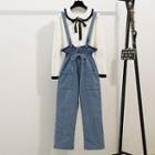 Long-sleeve Contrast Trim Ribbon Knit Top / Cropped Straight Fit Suspender Jeans