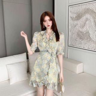 V Neckline Chiffon Puff-sleeve Dress