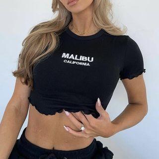 Lettering Ruffled-trim Crop Top